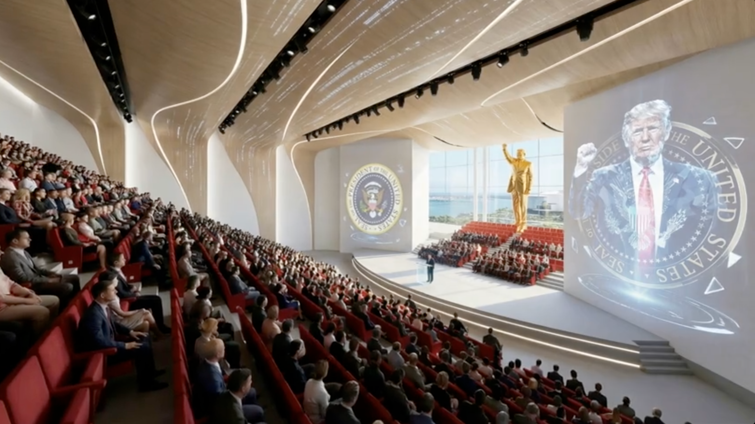 Futuristic auditorium filled with people, a ample golden statue and surface displaying a fig gesturing, related to U.S. politics