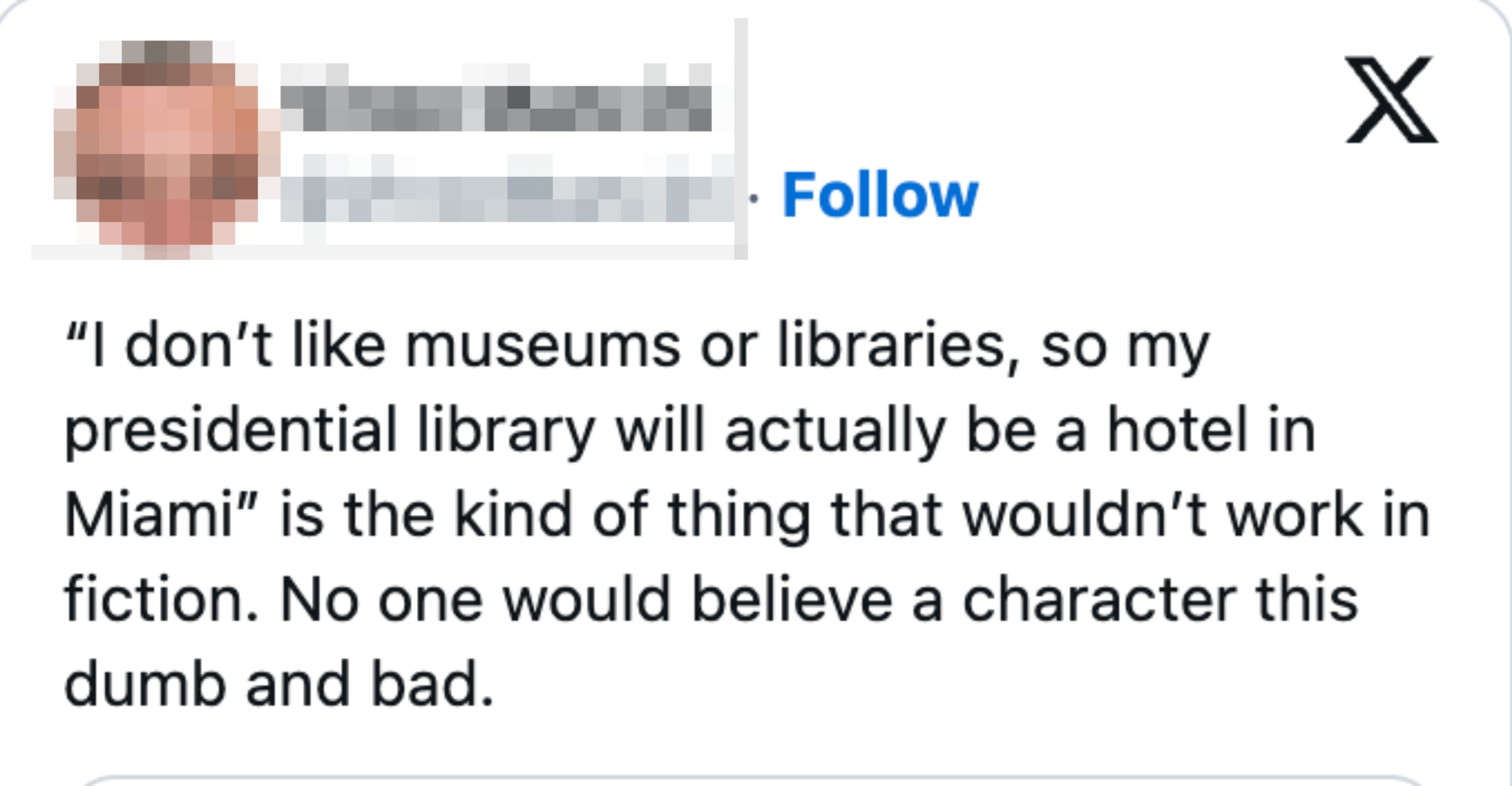 Tweet jokes astir the unlikelihood of a edifice successful Miami being a statesmanlike library, humorously noting its implausibility successful fiction
