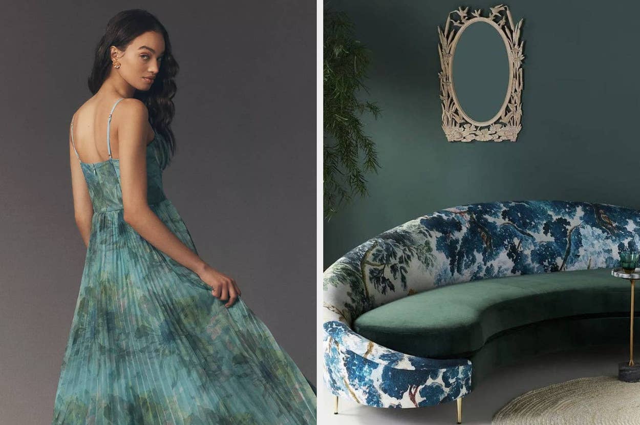 Left: Model in a flowing, elegant dress with thin straps. Right: Stylish room with a curved, floral sofa and ornate oval mirror