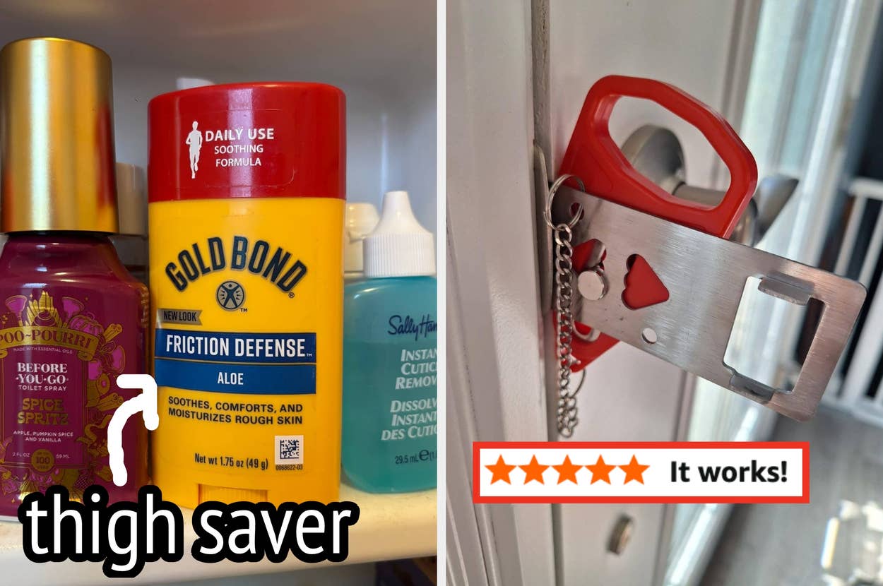 Products including Gold Bond Friction Defense and a portable door lock on a shelf, captioned "thigh saver" and "It works!"