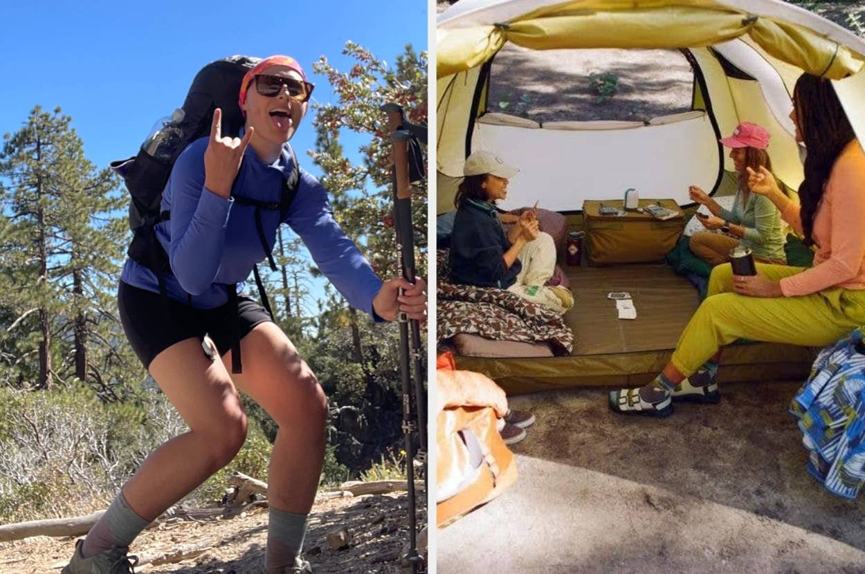 Person hiking with backpack on left; group enjoying drinks in a tent on right. Outdoor apparel and gear featured