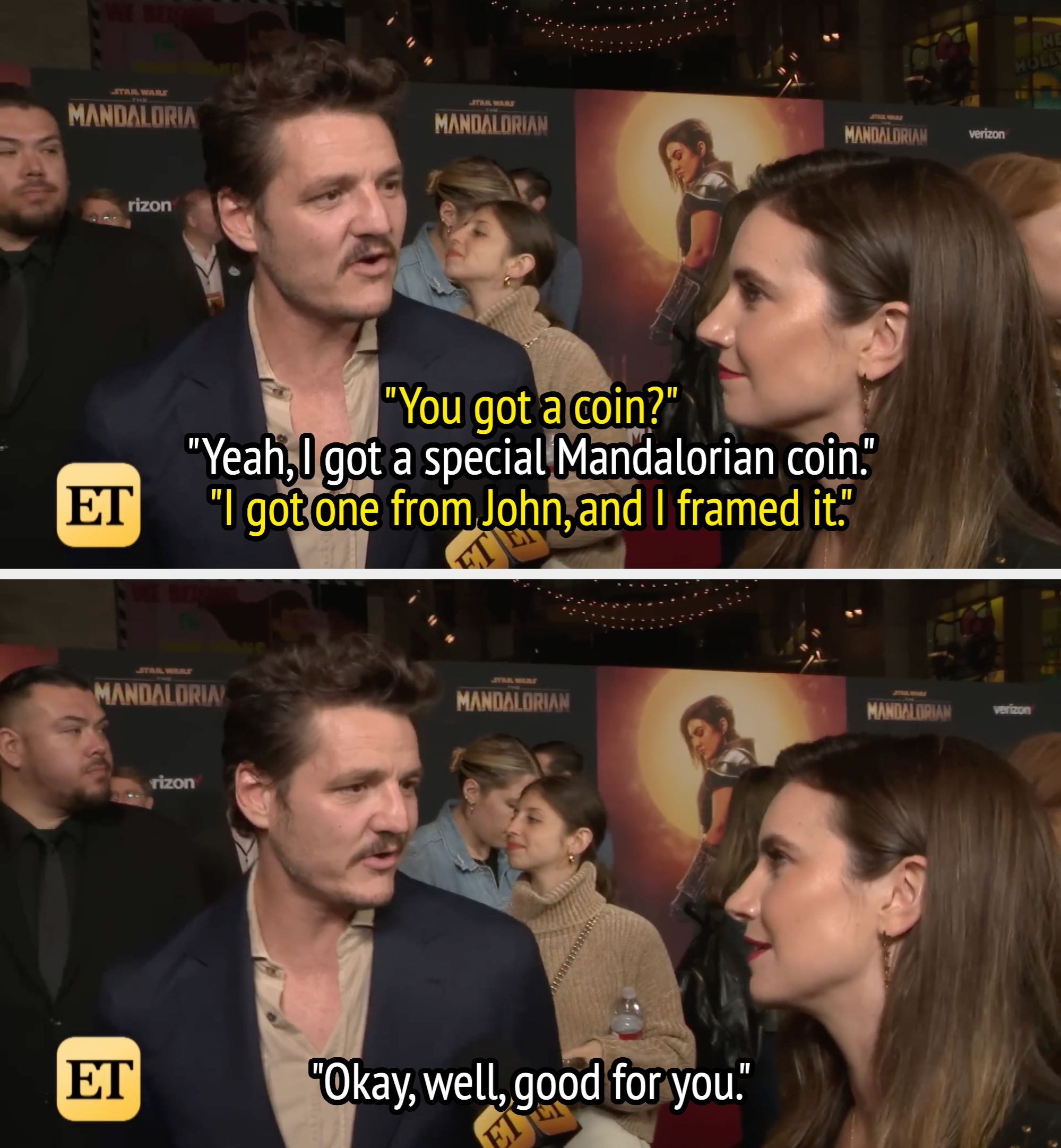 A antheral   and a pistillate   are talking astatine  a media event. The antheral   mentions a framed peculiar   coin from "The Mandalorian."