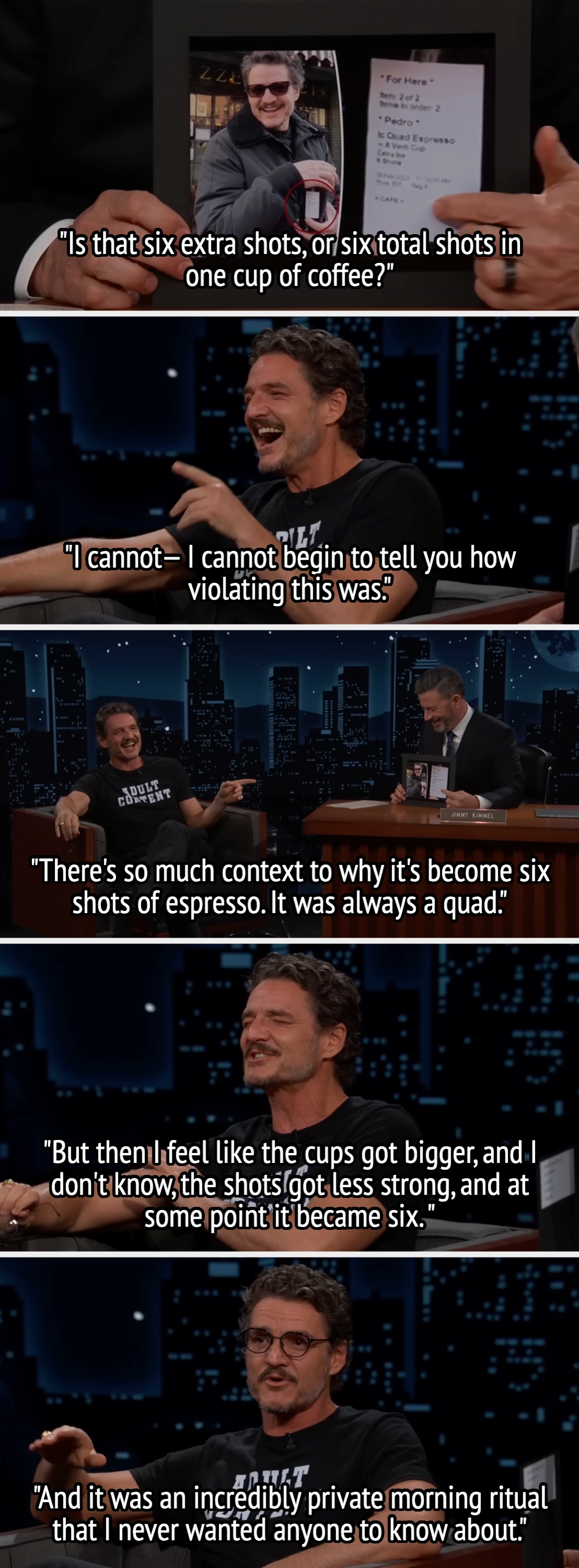 A personage  humorously discusses their Starbucks order, elaborating connected  a idiosyncratic   java  ritual involving six shots of espresso