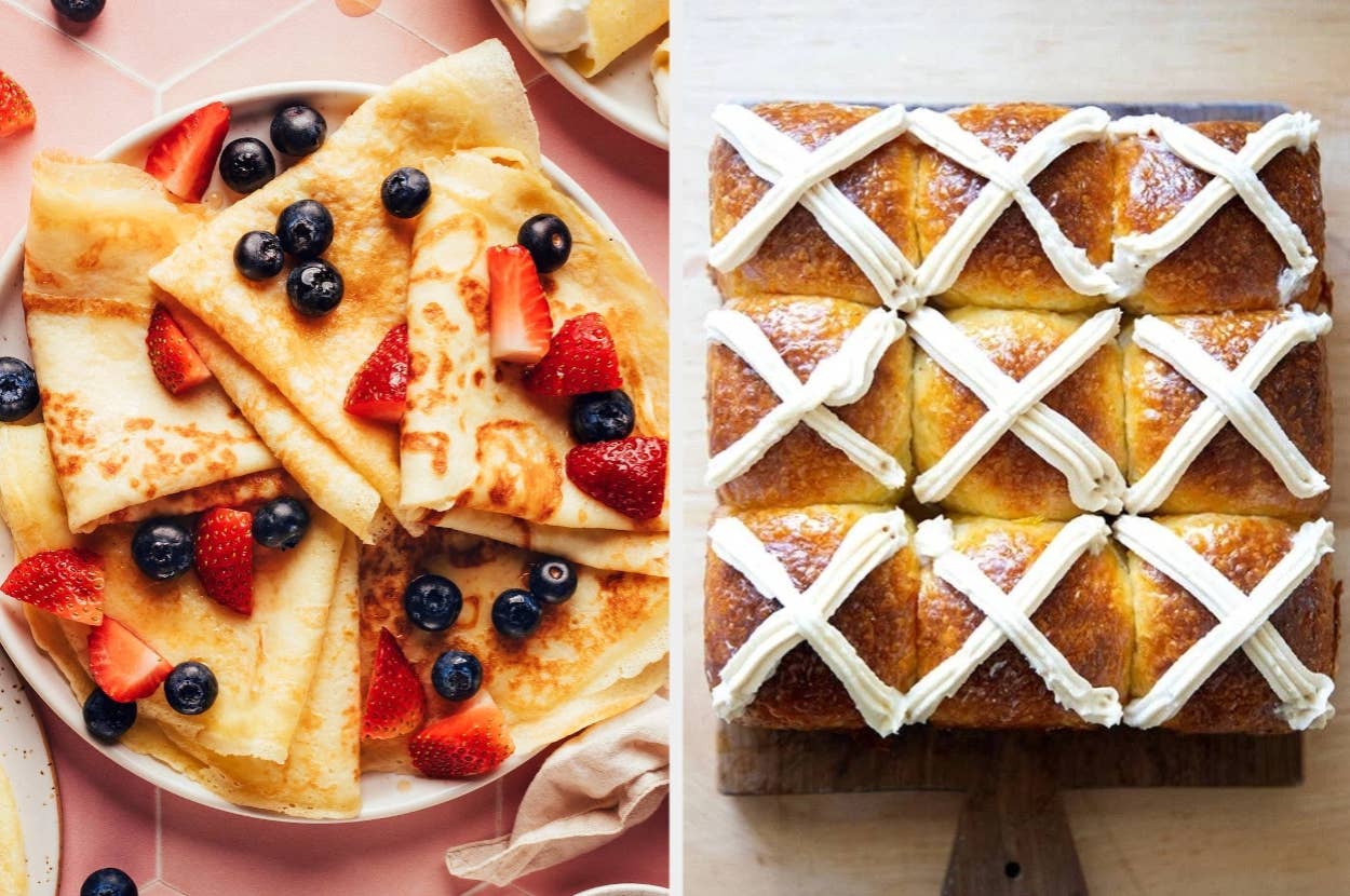 Crepes with strawberries and blueberries on left; iced bread rolls in a grid pattern on right