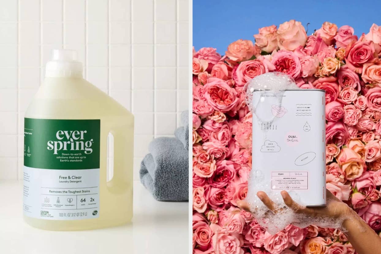 Two cleaning products: a large jug of Everspring laundry detergent and a boxed product surrounded by roses, held by a hand with foam