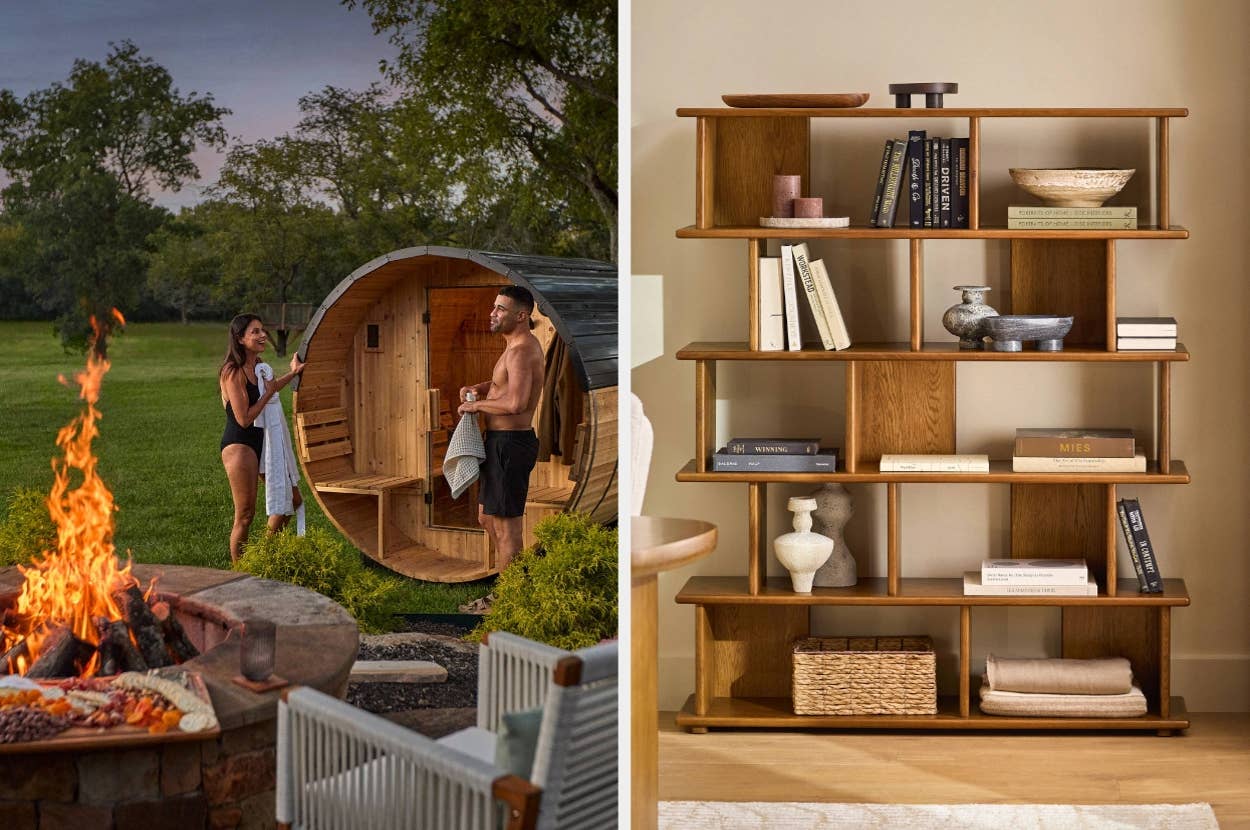 A couple enjoys an outdoor sauna next to a fire pit; right side shows a wooden bookshelf with books and decor items
