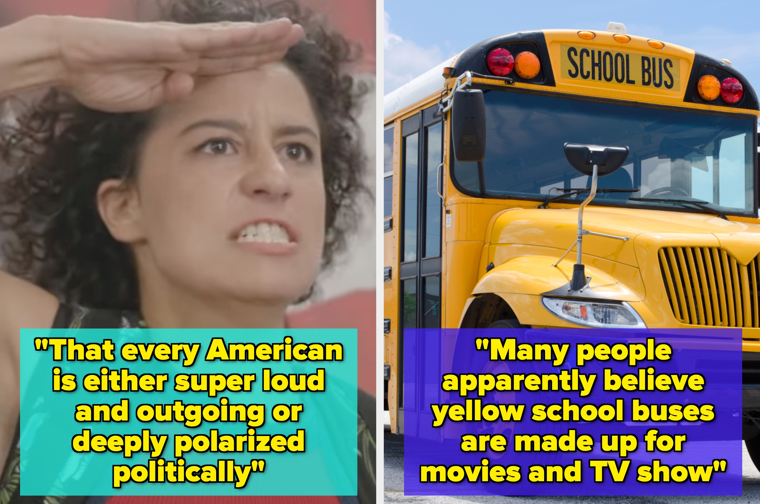 On the left, a person salutes with text about American stereotypes. On the right, a yellow school bus with text about the myth of school buses
