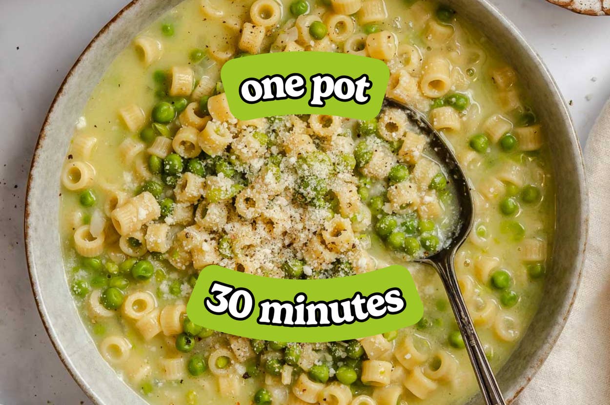 A bowl of pasta with peas and cheese, labeled "one pot" and "30 minutes" indicating a quick, easy recipe