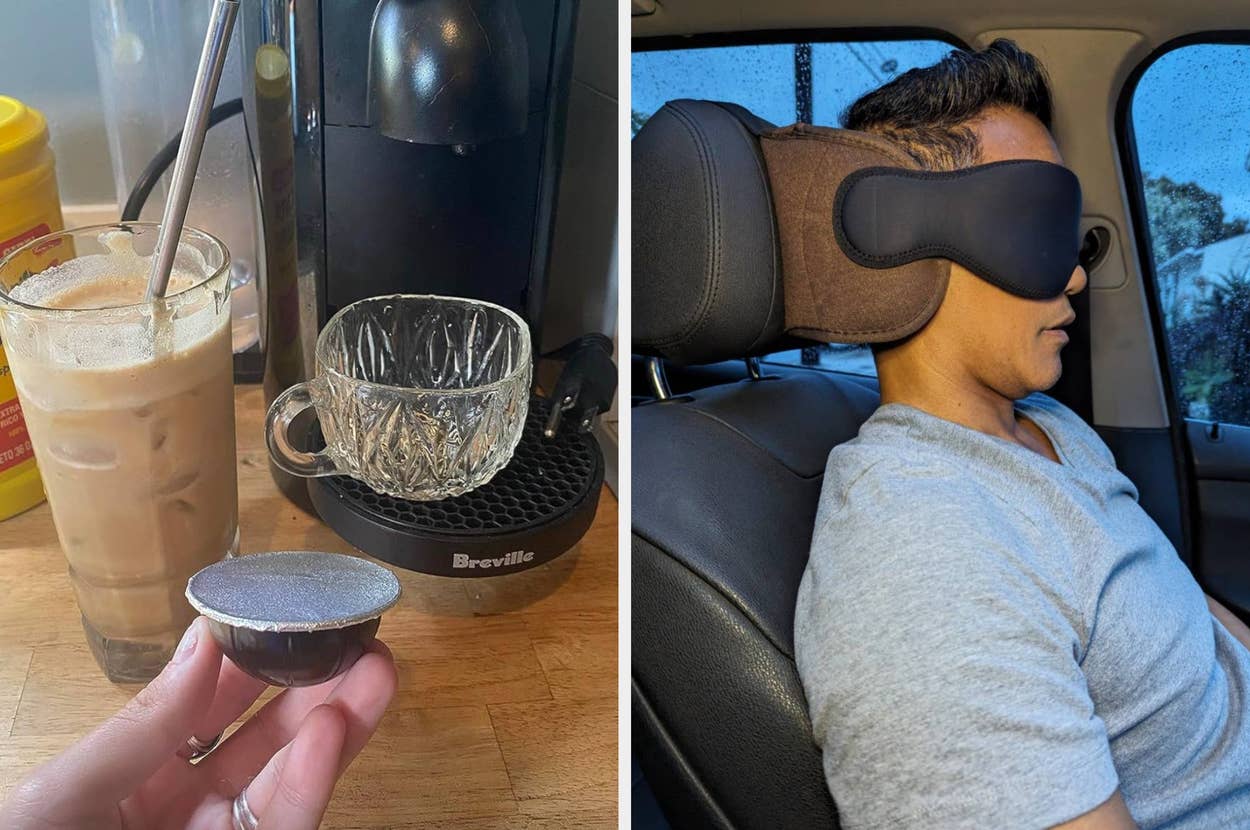 Left: Closet organization with pants on a multi-tiered hanger. Right: Silicone strainer attached to pot draining pasta into a sink