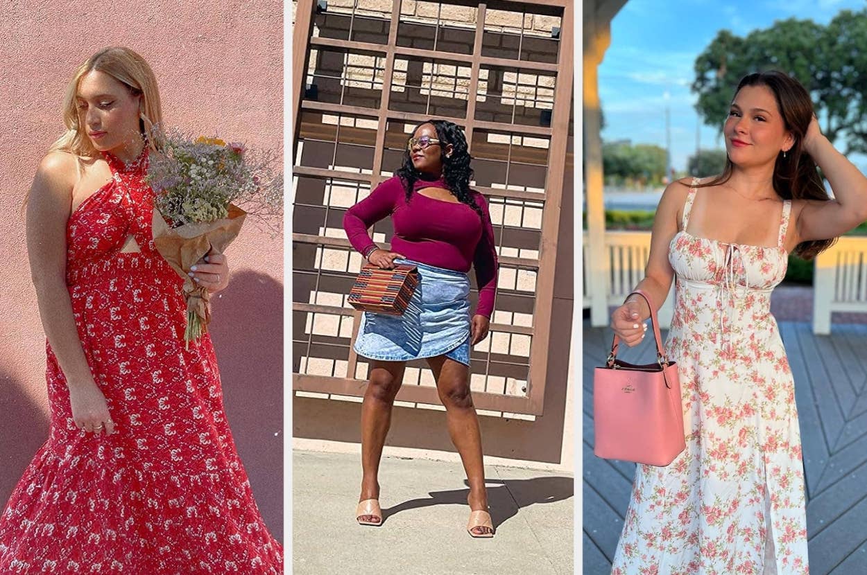 Three women in stylish summer dresses pose confidently; one with a floral bouquet, one with a woven handbag, and one with a pink purse