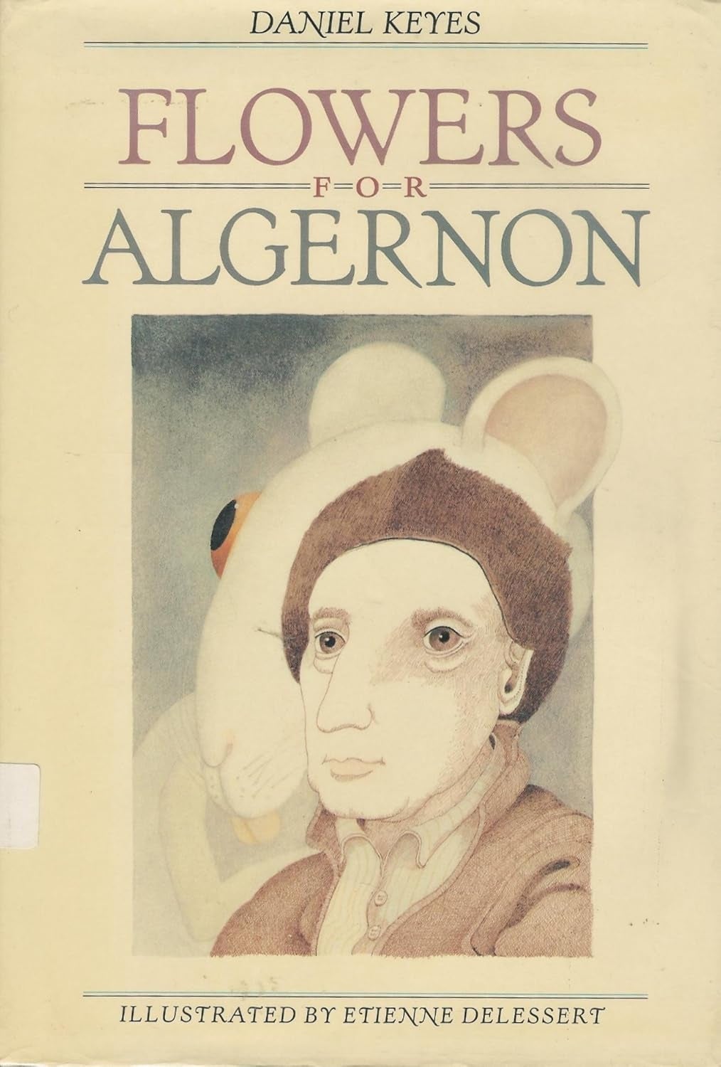 Cover of "Flowers for Algernon" by Daniel Keyes, illustrated by Etienne Delessert, featuring a human face and a mouse in the background