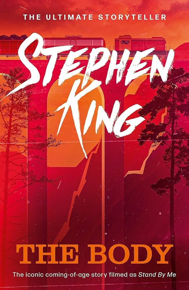 Book cover for "The Body" by Stephen King, described as an iconic coming-of-age story filmed as "Stand By Me," with a forest and sunset illustration