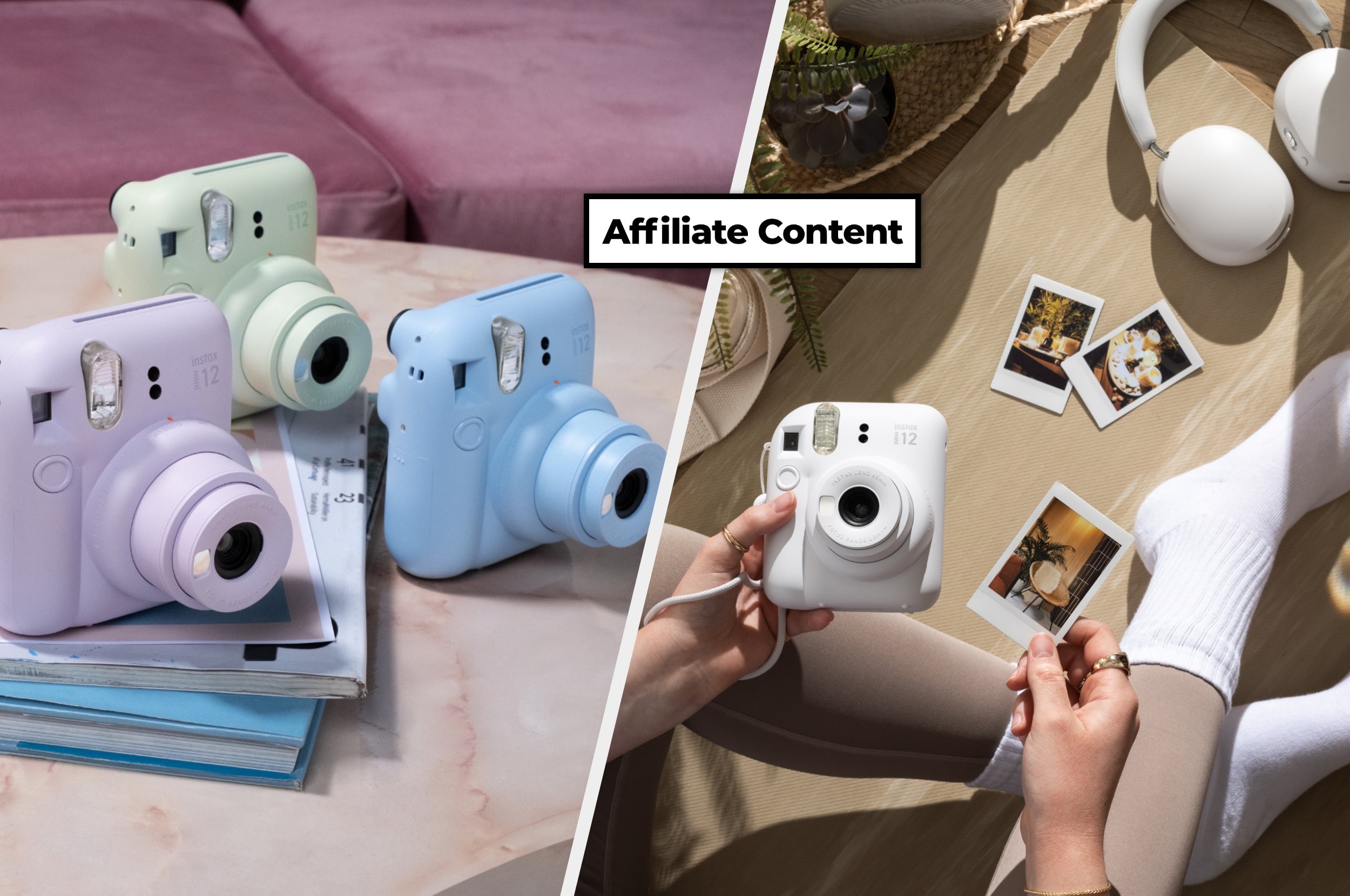 Instant cameras on a table, plus someone holding photos beside headphones in a cozy setting. Marked as affiliate content