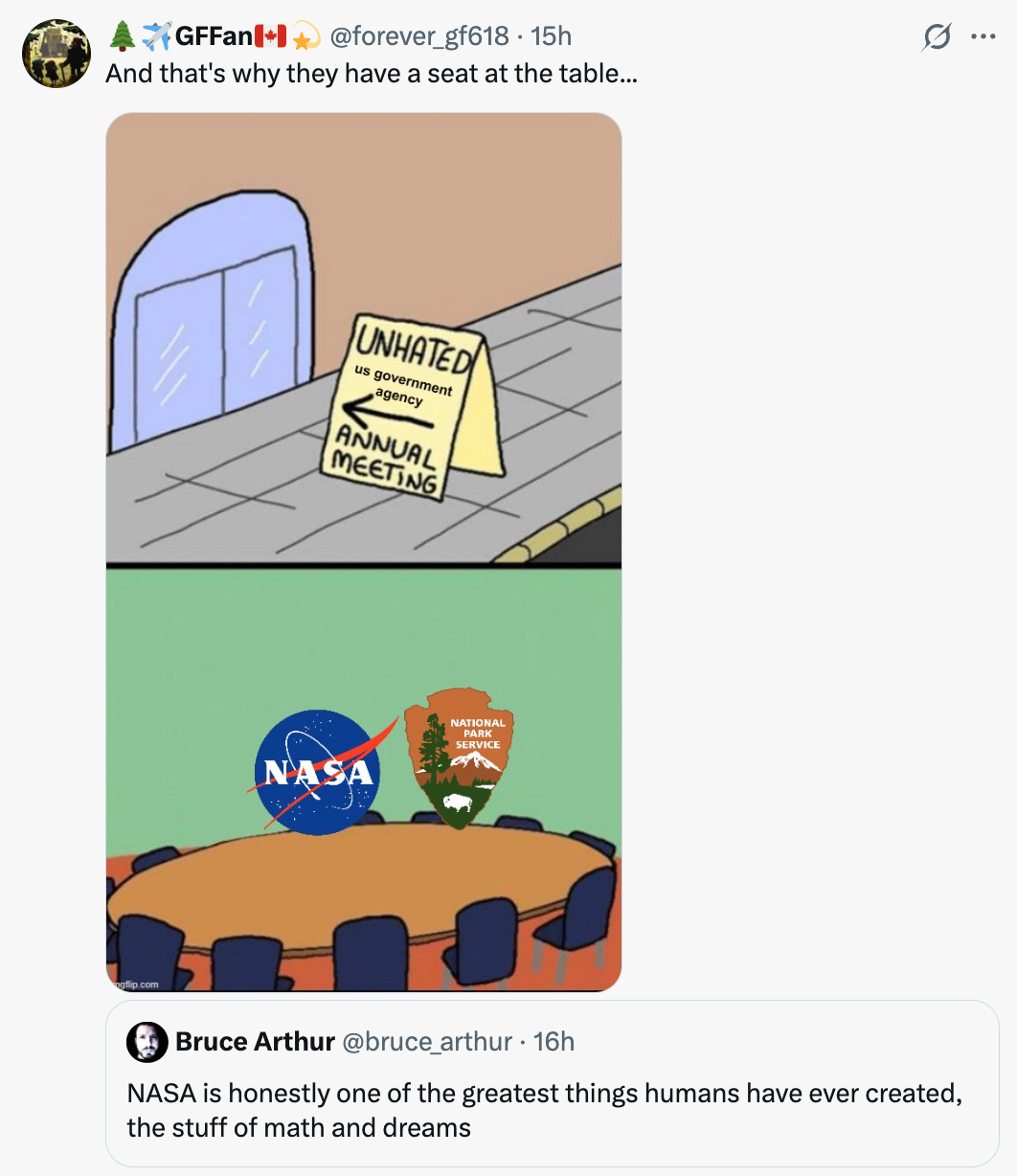 A cartoon shows a "UNHATED US Government Agency Annual Meeting." An bare  spot   with the NASA logo is astatine  the table. A tweet beneath  praises NASA