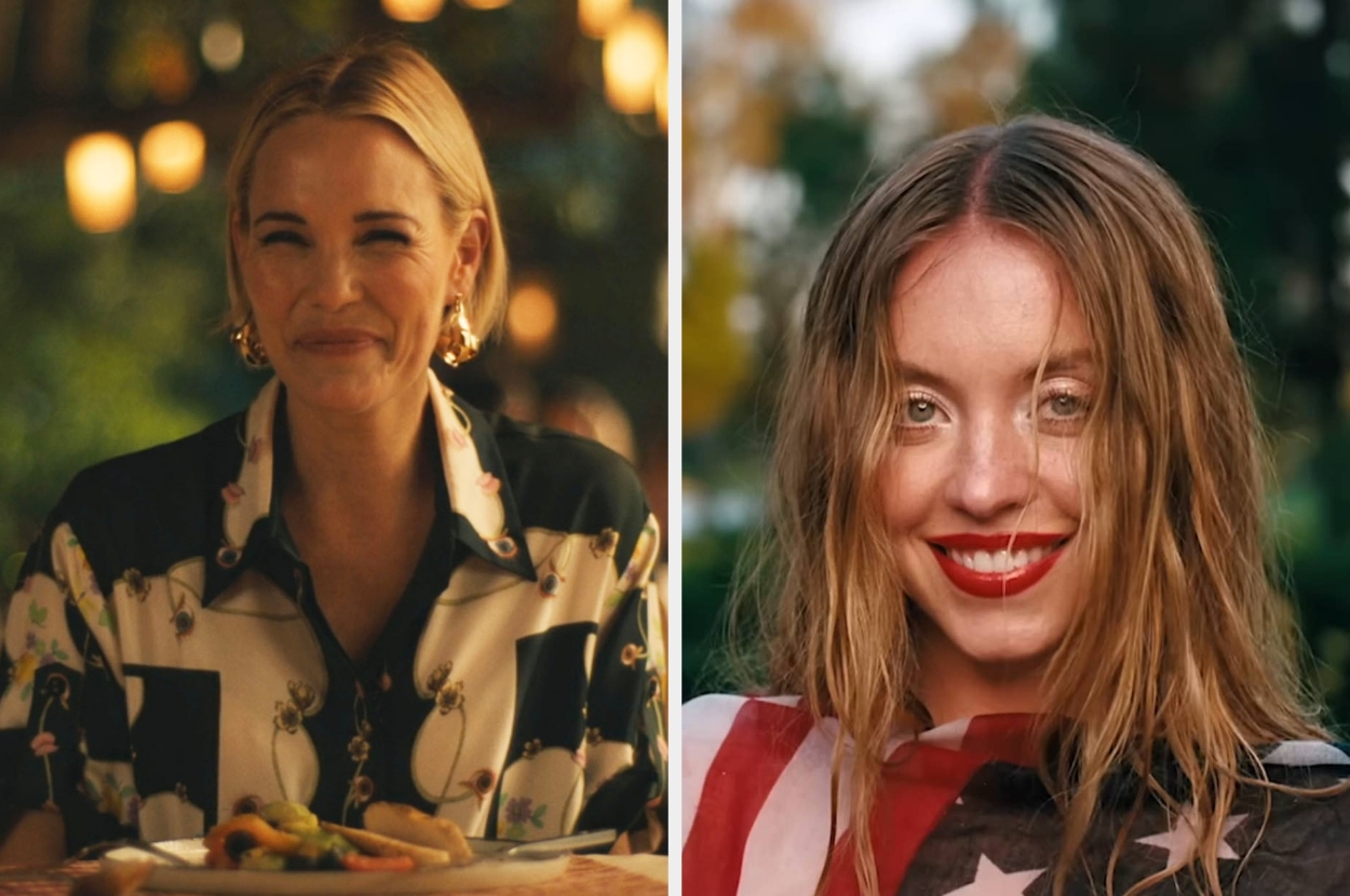 Two women smiling; left wears a patterned shirt, right with loose hair and a star-patterned top. Both are in outdoor settings