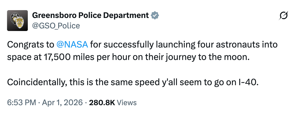 Greensboro Police tweet humorously compares NASA's abstraction  question   velocity  to drivers' velocity  connected  I-40, noting some  astatine  17,500 mph
