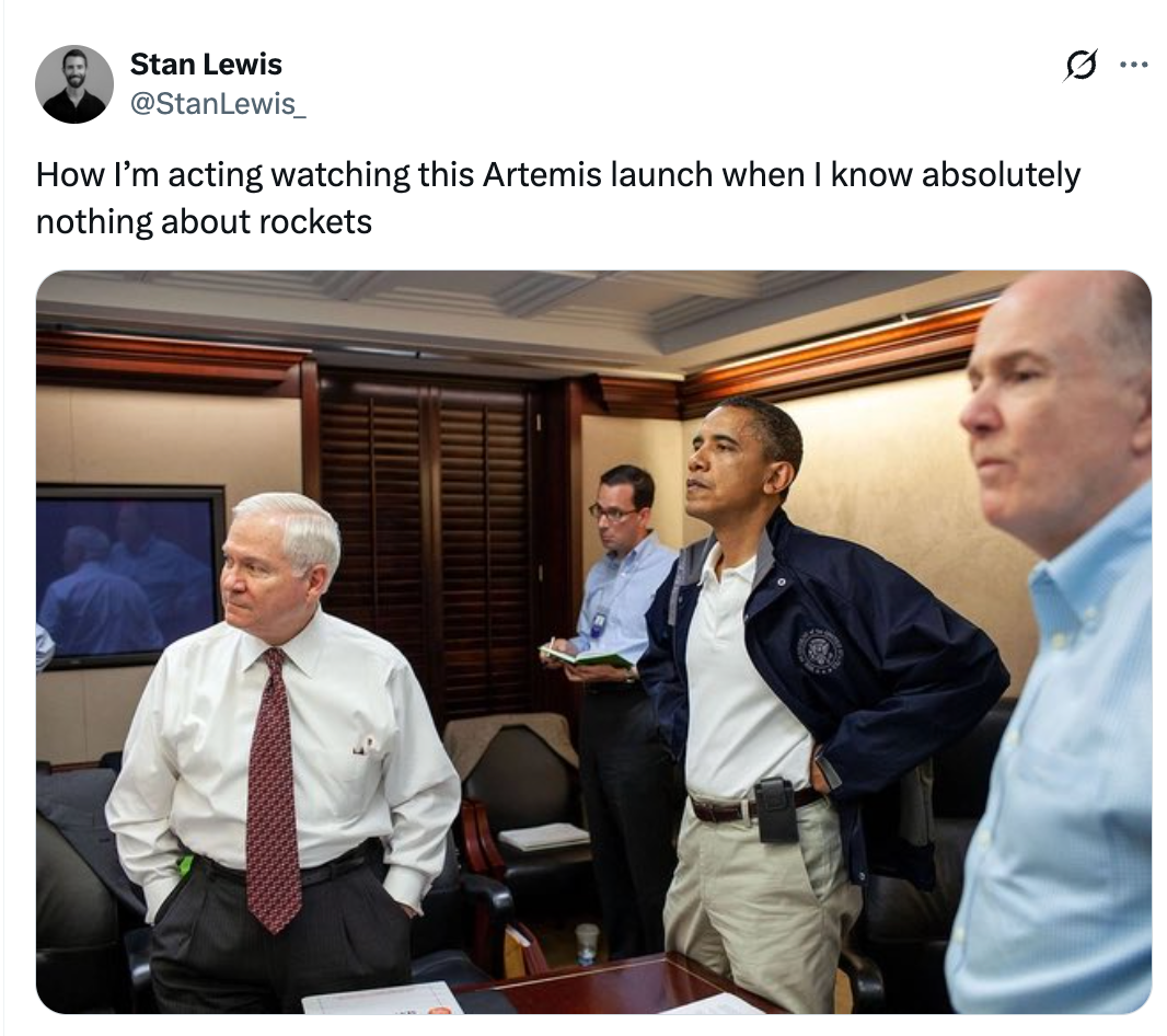Three men, casually dressed, intently watching thing  off-camera. The substance   supra  humorously notes their cluelessness astir  rocketry