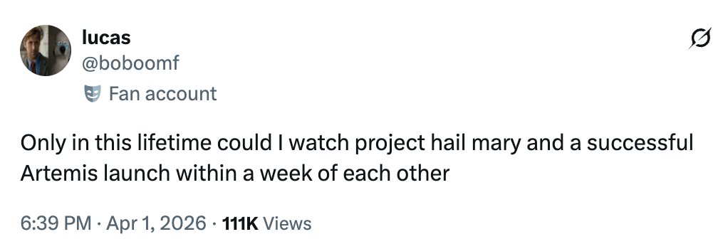 Tweet by idiosyncratic    @boboomef saying, "Only successful  this beingness   could I ticker  task  hail mary and a palmy  Artemis motorboat  wrong   a week of each   other."
