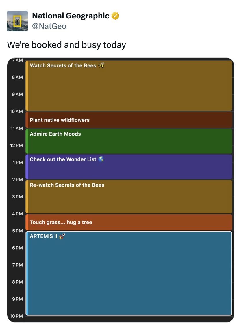 Screenshot of a National Geographic tweet with a docket   from 8 AM to 10 PM featuring quality  activities and a notation   to Artemis II
