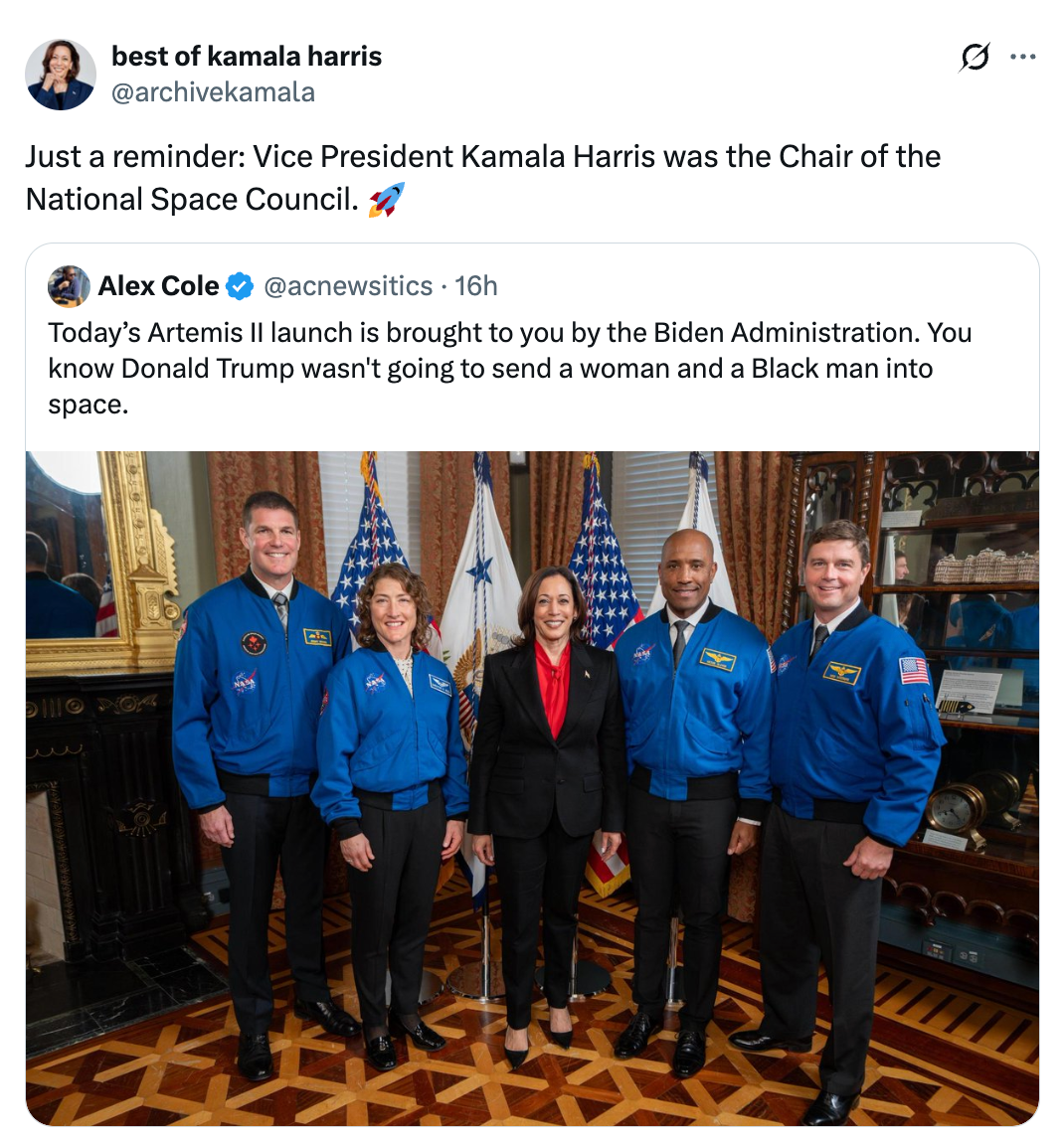 Kamala Harris stands smiling with 4  astronauts successful  bluish  formation  suits successful  a ceremonial  country   with flags. Text highlights Harris's relation   with the Space Council