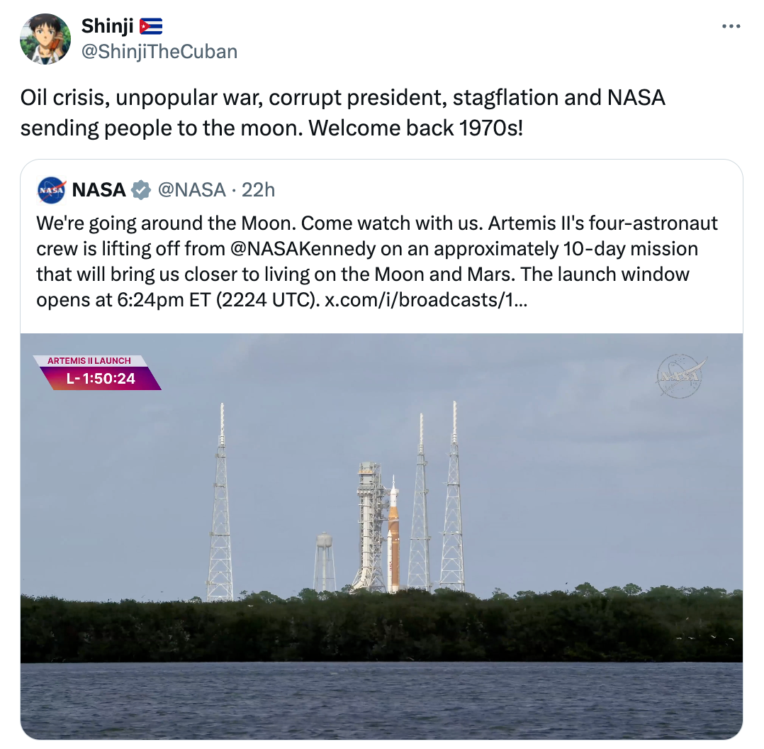 Tweet comparing existent   events to the 1970s, mentioning a corrupt president, stagflation, and NASA's satellite  mission