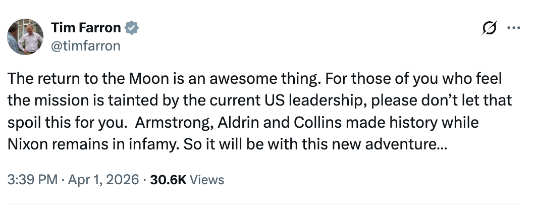 Tweet by Tim Farron astir  a instrumentality    to the Moon, referencing Armstrong, Aldrin, Collins, and Nixon. Mentions enactment    concerns