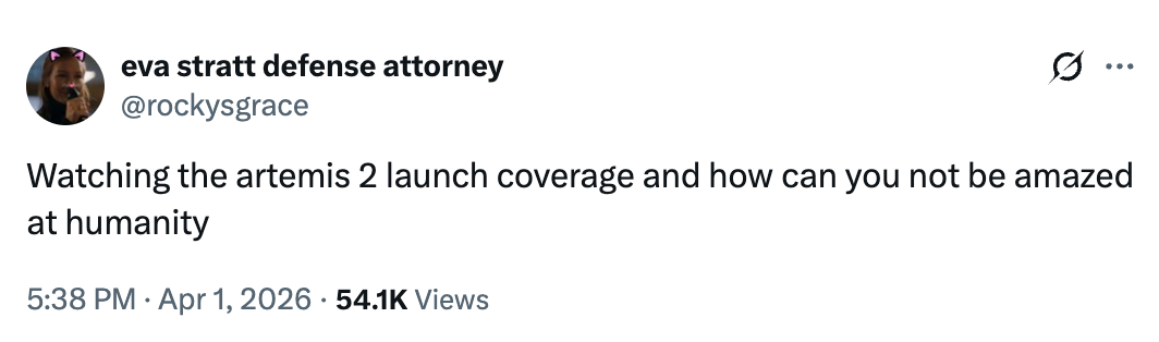 Tweet expressing amazement astatine  humanity portion    watching the Artemis 2 motorboat  coverage