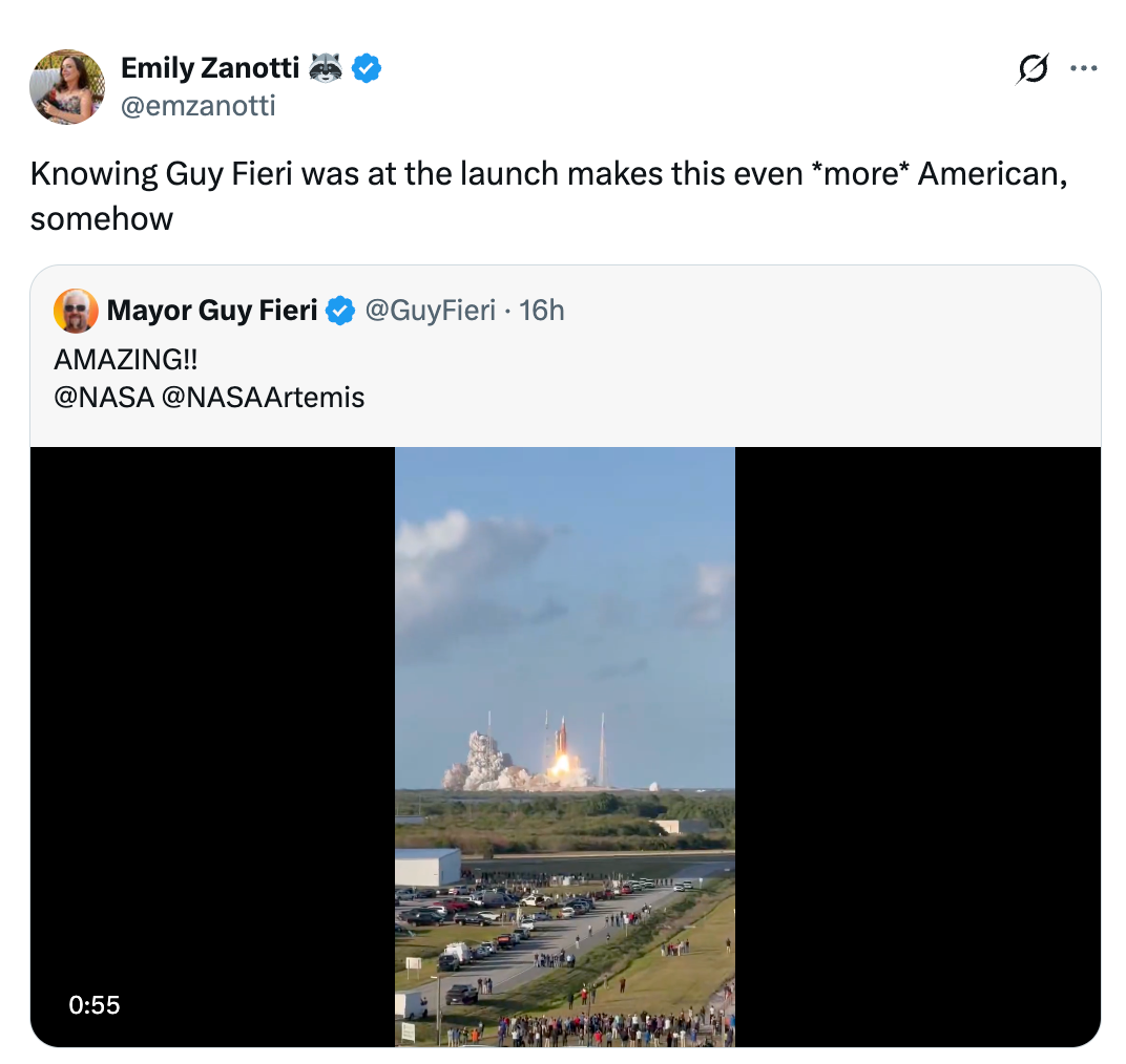 Tweet speech   astir  Guy Fieri attending a NASA Artemis launch, emphasizing its American vibe, with a video of the motorboat  included