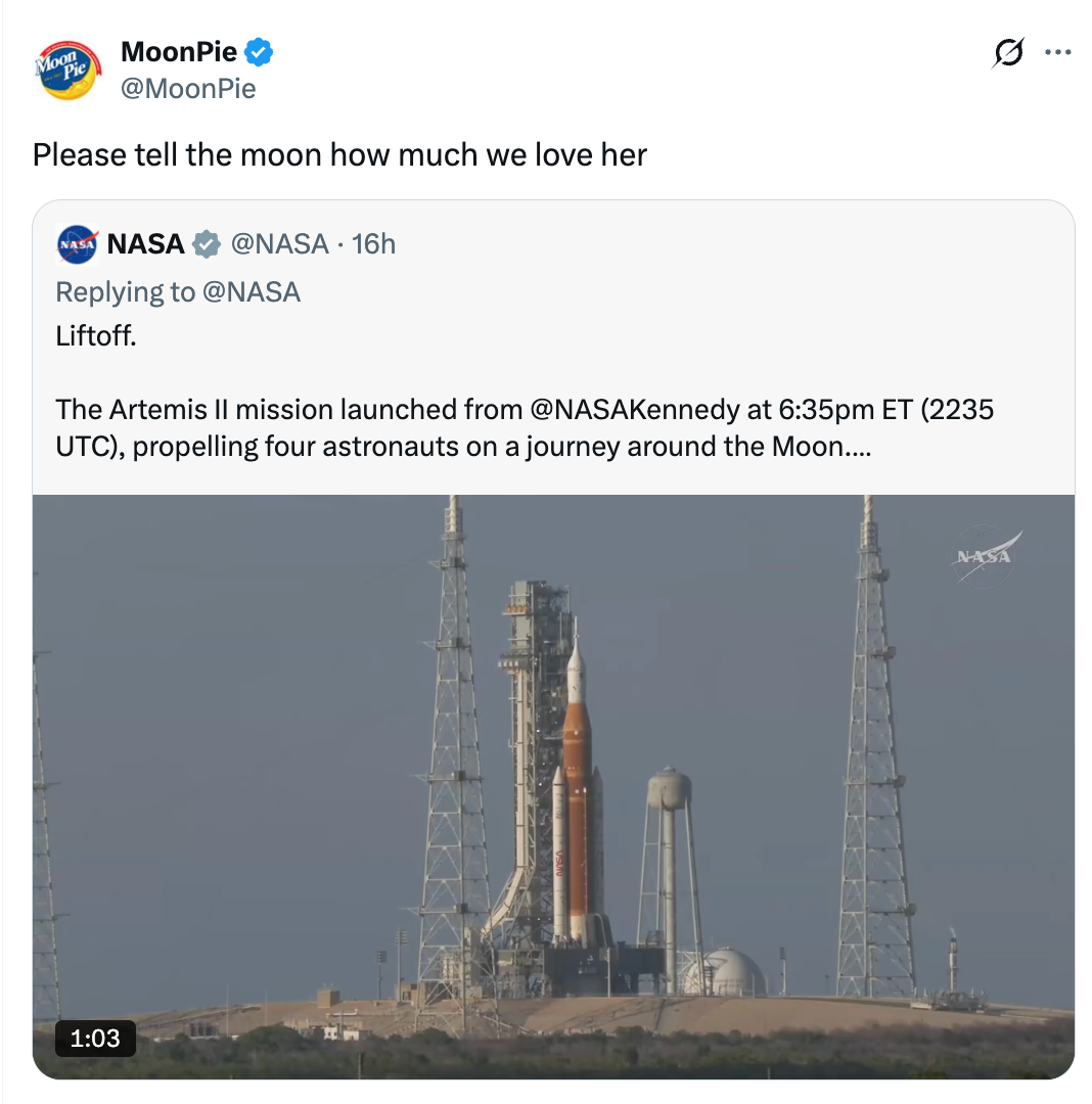 A MoonPie tweet astir  NASA's Artemis II mission, showing a rocket connected  the launchpad and playfully expressing admiration for the moon