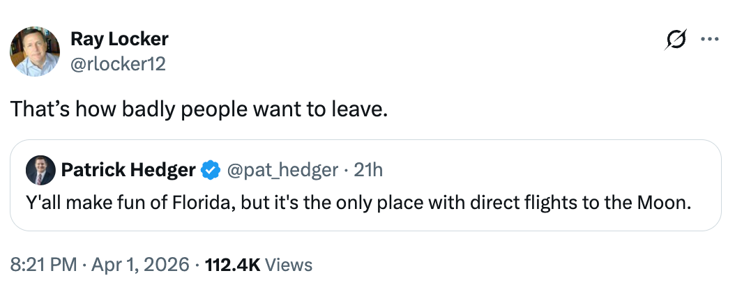 Tweet by Ray Locker quoting Patrick Hedger; Hedger jokes Florida has flights to the Moon, Ray comments connected  people's tendency  to leave
