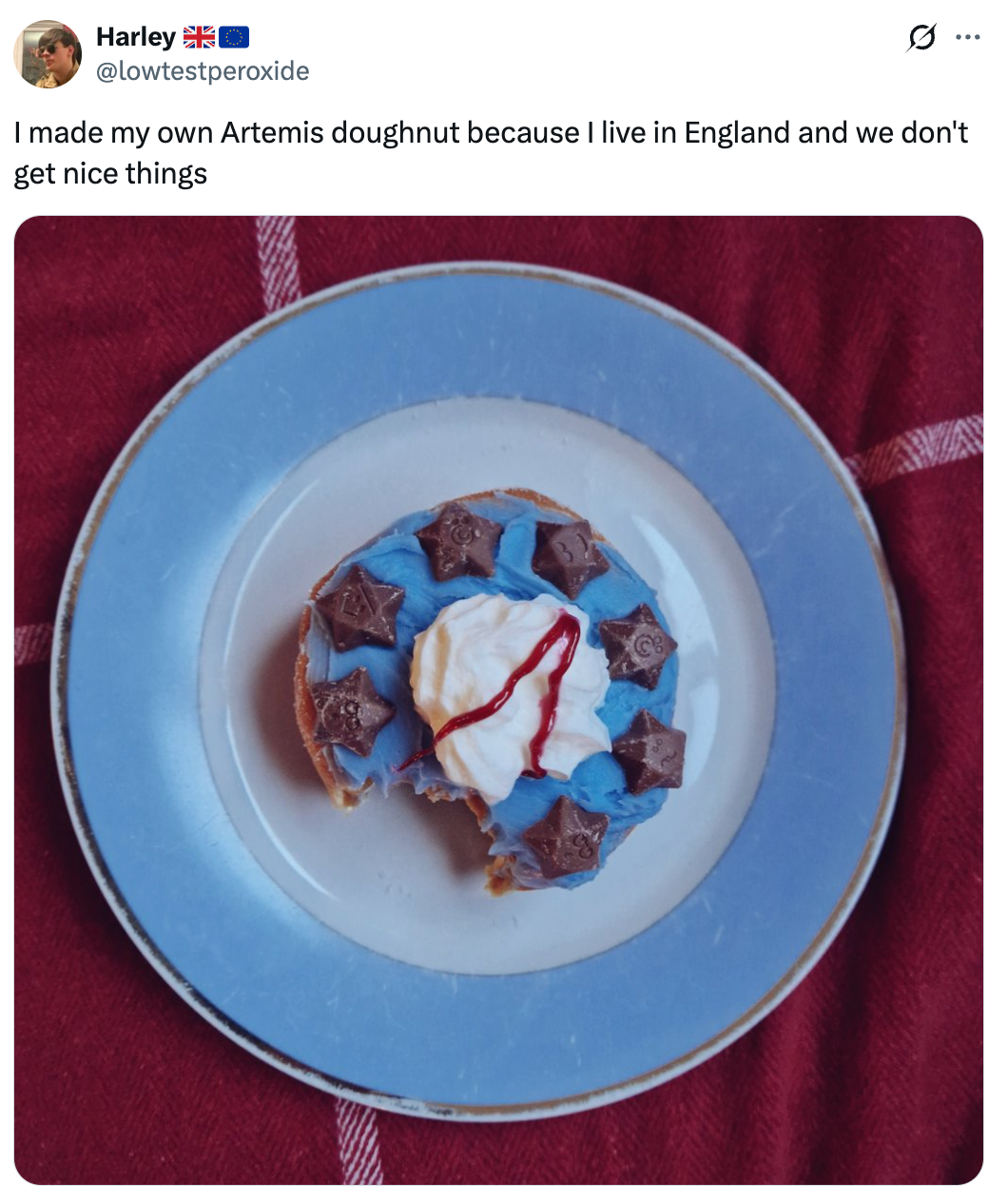 A homemade doughnut decorated with bluish  icing, star-shaped candies, whipped cream, and reddish  syrup, connected  a plate