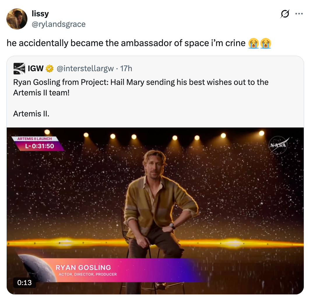 Ryan Gosling sits connected  a signifier    nether  starry lights, casually dressed, addressing the Artemis II squad  successful  a video message