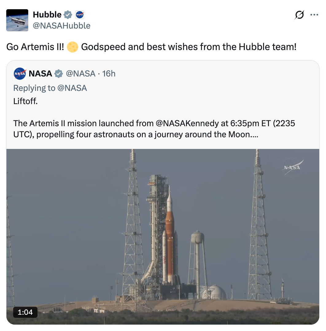 Screenshot of a tweet from NASA's Hubble relationship  wishing the Artemis II ngo  godspeed. The tweet includes an representation  of a rocket connected  a launchpad