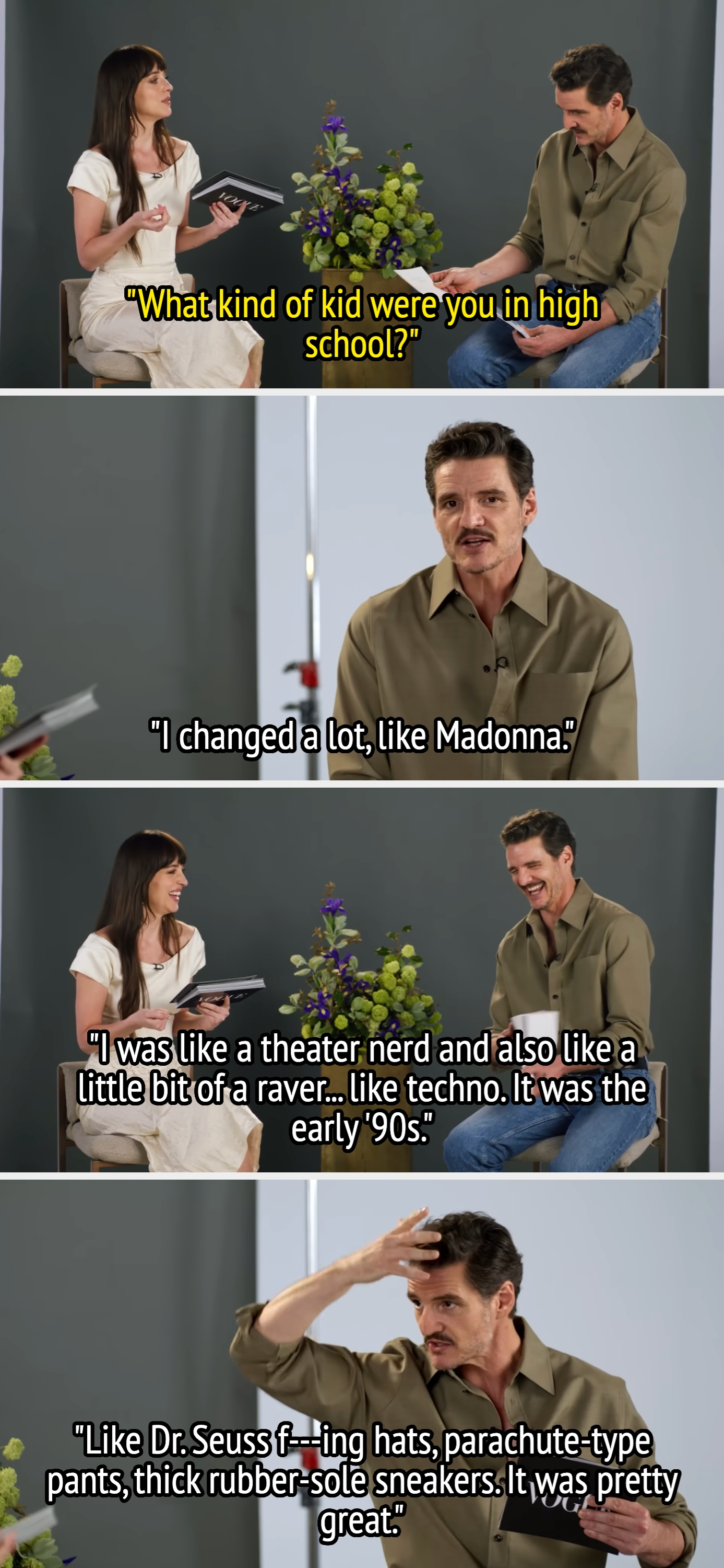 Two radical   successful  an interrogation  discussing precocious   schoolhouse  experiences with humor, mentioning theater, raves, and manner  styles from the aboriginal  '90s