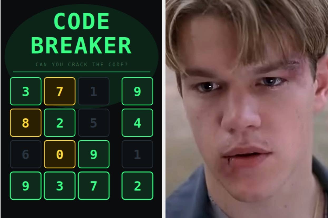 Split image: Left side is a code-breaking puzzle with numbers; the right side shows a serious-looking person with a cut on their face