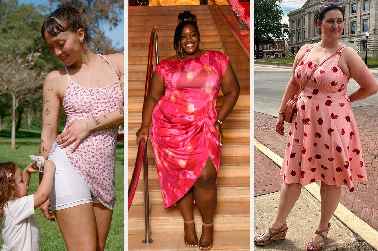 Three people wearing stylish dresses: Left, floral halter-neck with side ruching; center, pink asymmetrical wrap dress; right, pink dress with red apple print