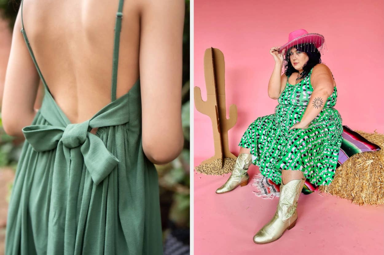 Left: Close-up of backless dress with bow detail. Right: Person in a green patterned dress, pink hat, and golden boots sitting on hay