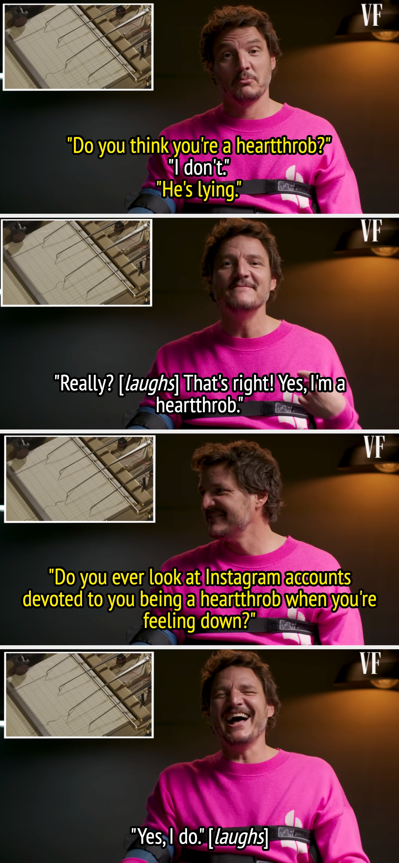 A antheral   humorously discusses his heartthrob presumption    successful  an interview, with playful demeanor and interactions astir  societal  media perceptions