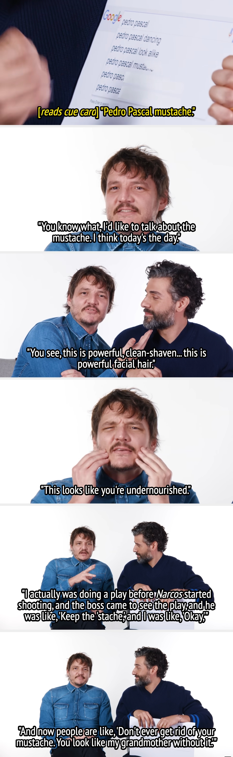 Two men humorously sermon   facial hair; 1  comments connected  the other's mustache during a playful conversation