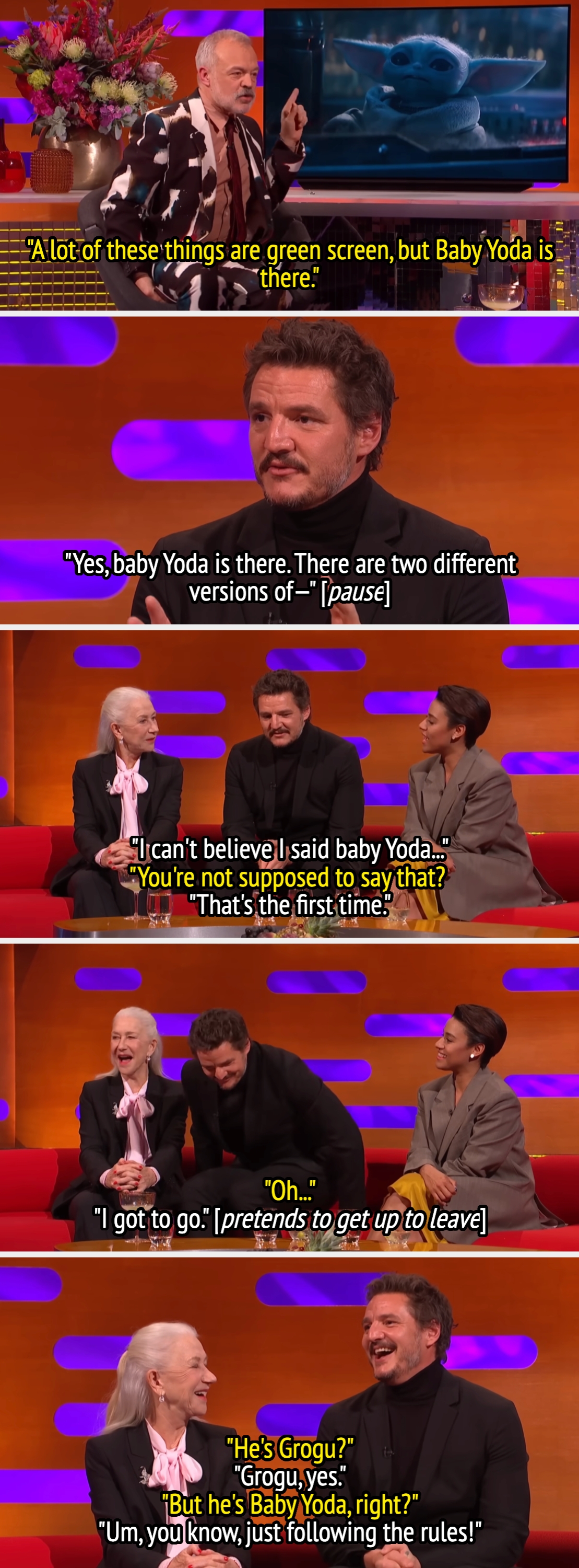 Three radical   connected  a speech   amusement   sofa  sermon   Baby Yoda, with playful banter astir  utilizing the character's name