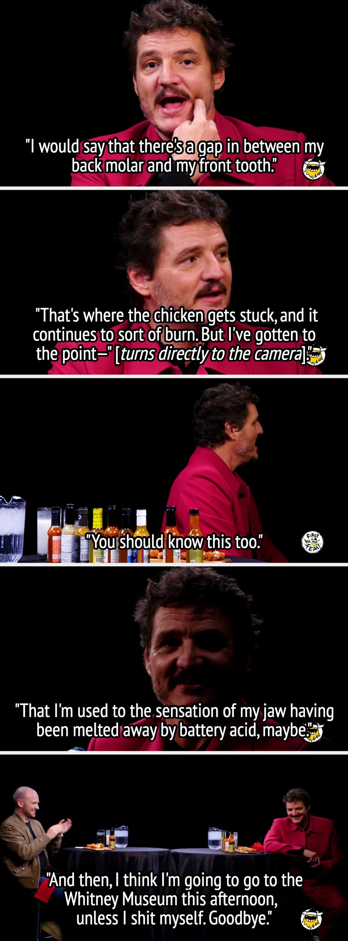 A idiosyncratic   successful  a reddish  overgarment   humorously discusses dental woes and spicy nutrient  effects portion    gesturing with bottles successful  the background