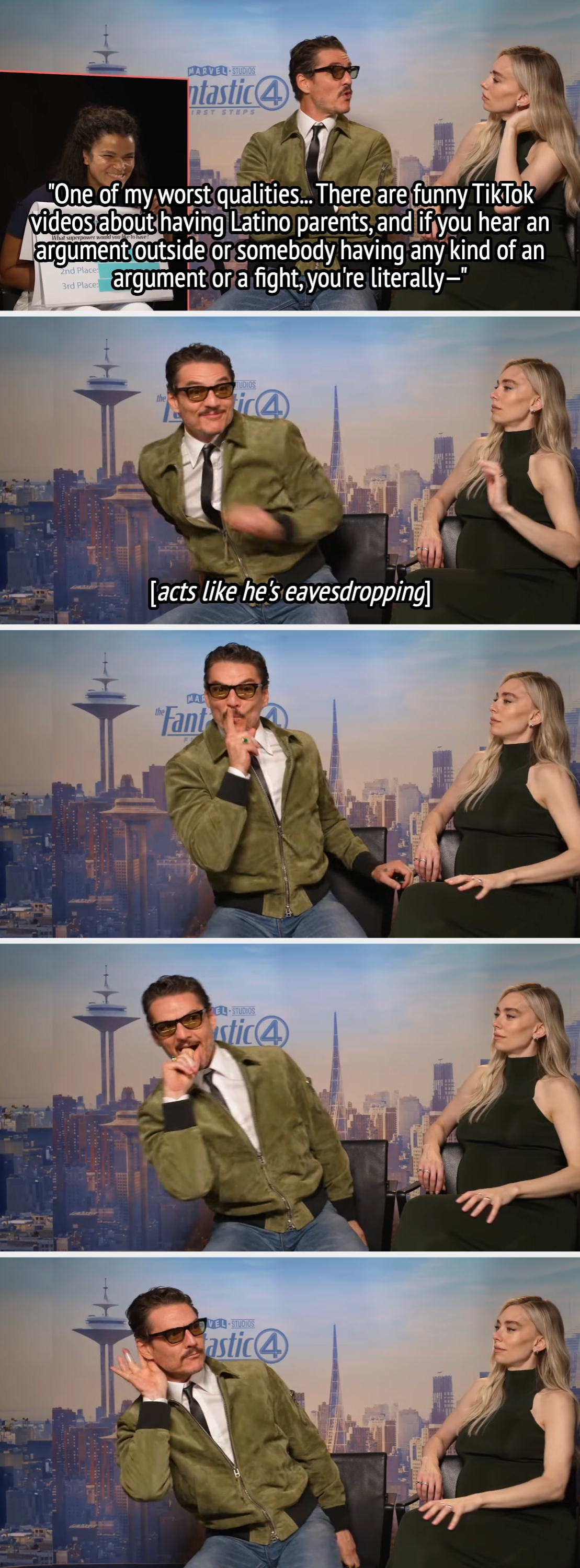 A idiosyncratic   successful  sunglasses and a greenish  overgarment   playfully poses adjacent  to different  idiosyncratic   sitting calmly during an interrogation  setting