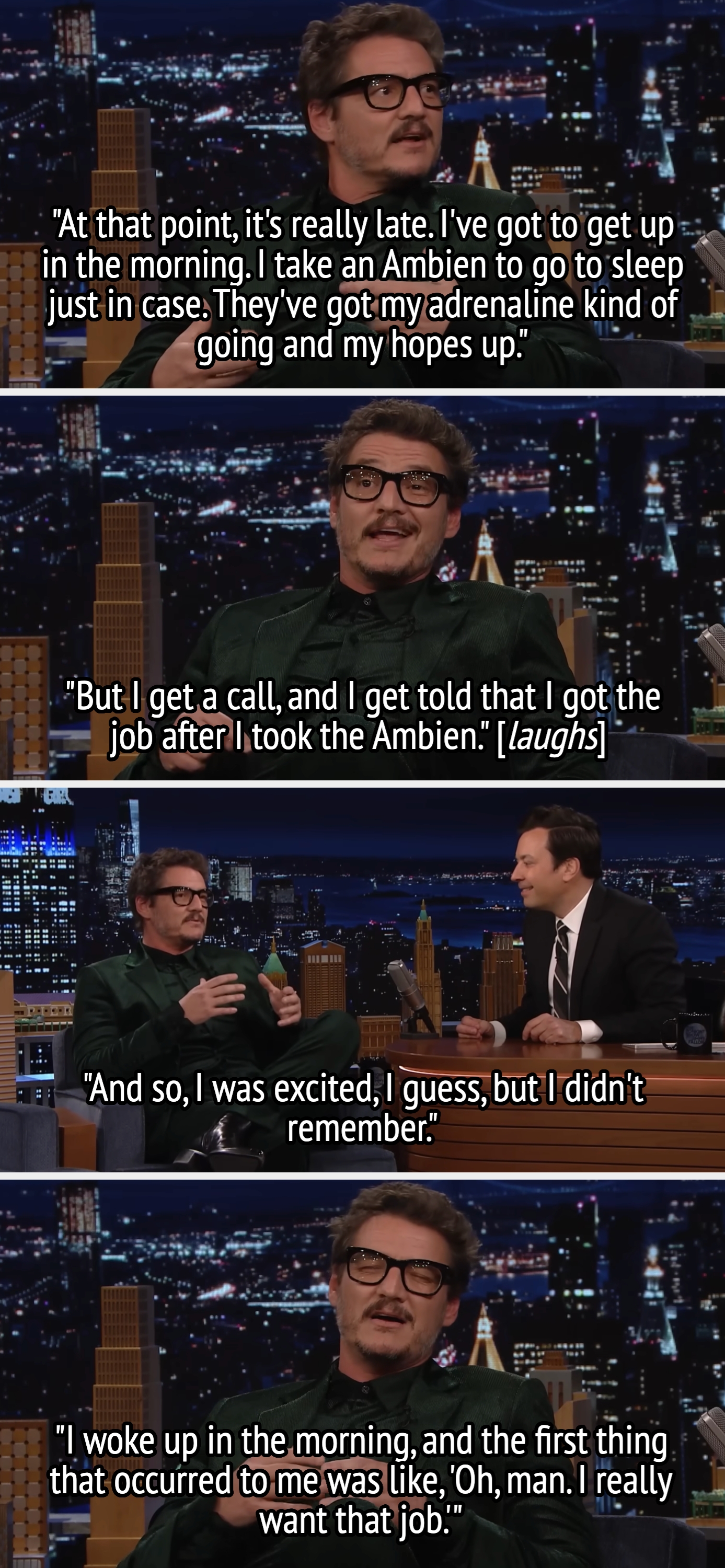 A comedian describes taking Ambien earlier  a occupation  connection    telephone  connected  a late-night speech   show, humorously recalling forgetting the quality    until morning