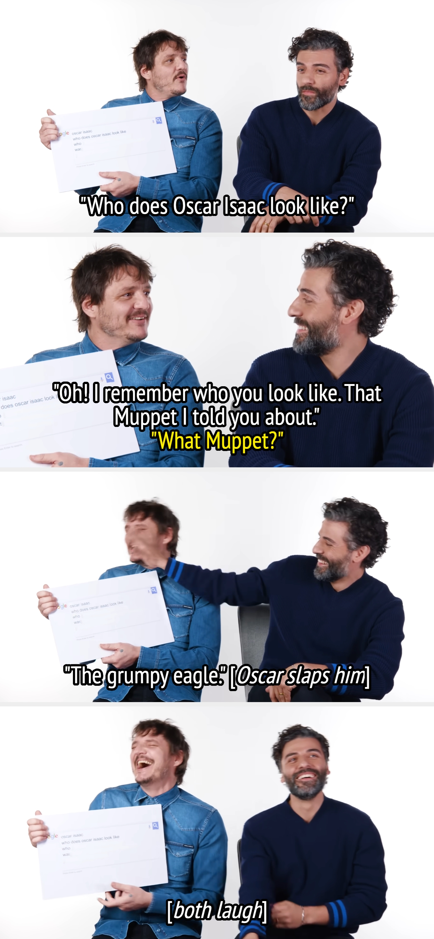 Two radical   sitting casually, joking astir  1  looking similar  a Muppet grumpy eagle, past    laughing together