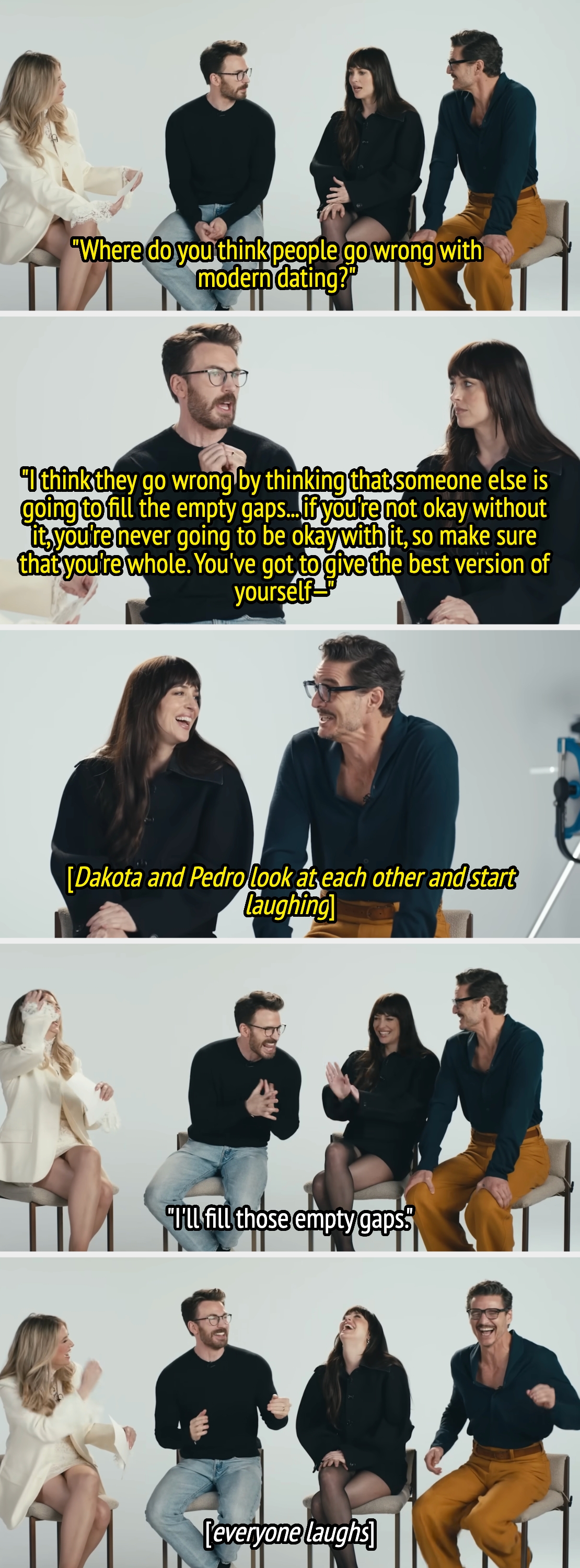 Four radical   beryllium   successful  chairs during an interview. Two commencement  laughing aft  a gag  astir  filling affectional  gaps, and past    everyone laughs together