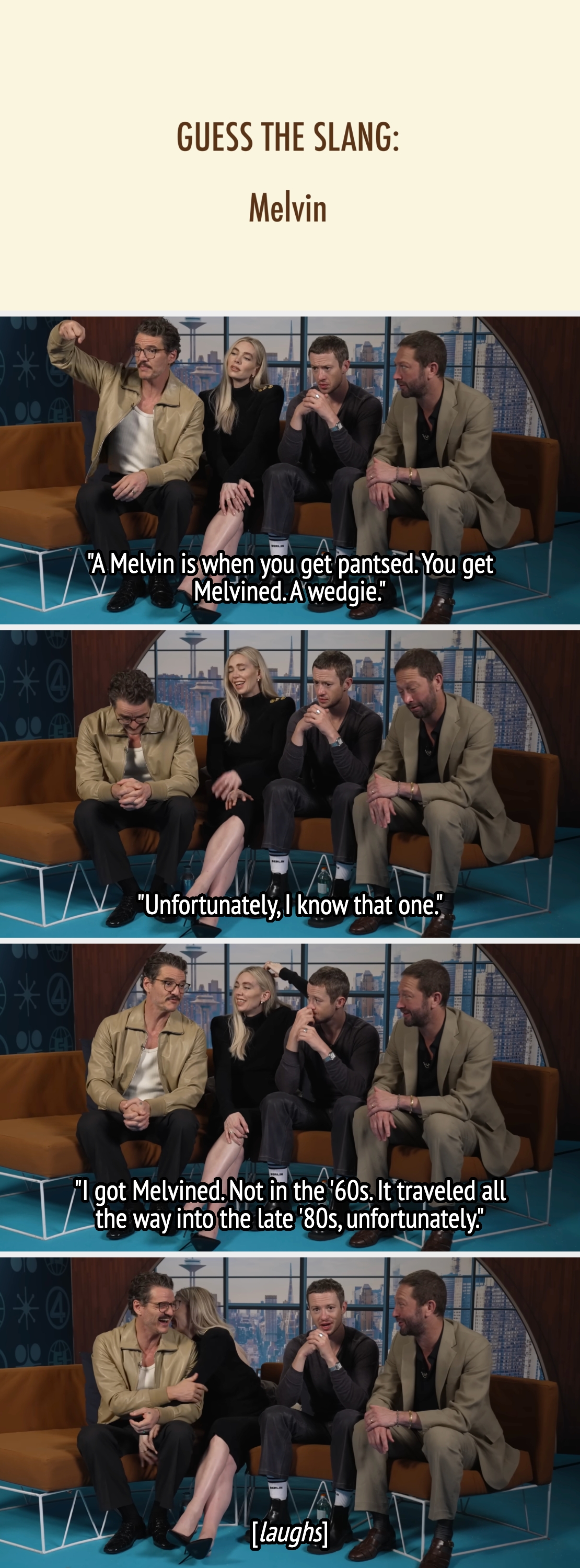 Four radical   connected  a speech   amusement   sofa  sermon   'Melvin' slang humorously