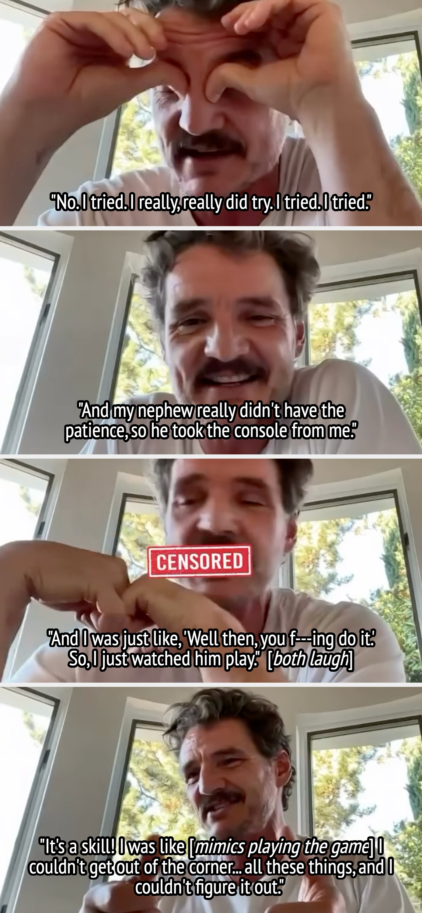 A idiosyncratic   humorously describes a video crippled  challenge, expressing vexation  and amusement portion    recounting a nephew's impatience