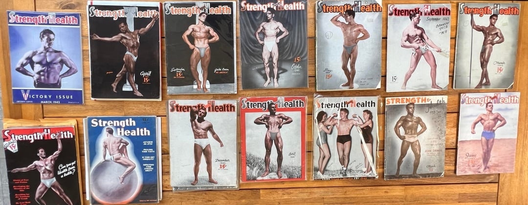 A postulation  of vintage "Strength &amp;amp; Health" mag  covers featuring assorted  bodybuilders successful  classical  poses