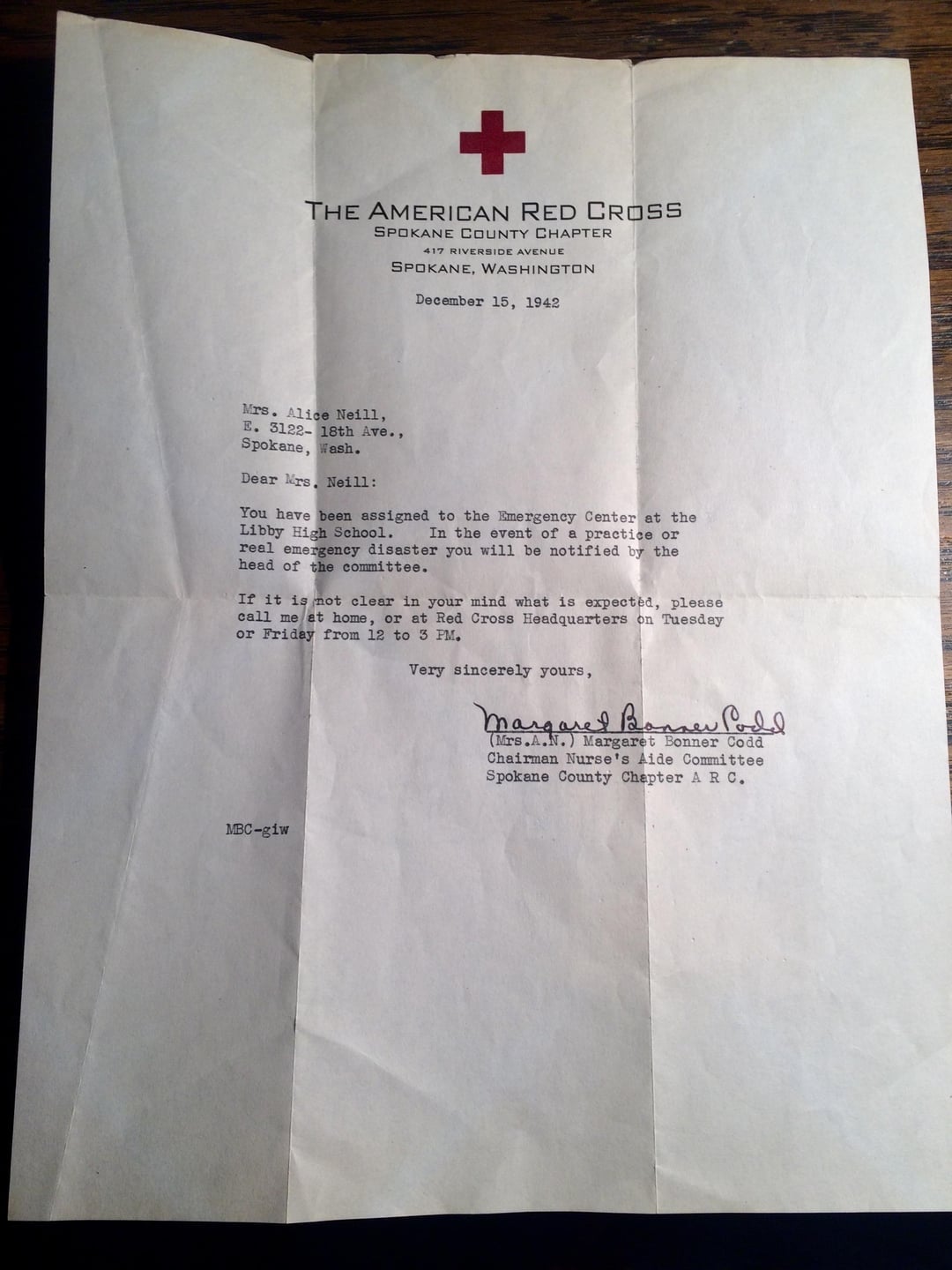 1945 missive  from Spokane Red Cross to Mrs. Belle detailing exigency  halfway  duty  and instructions for World War II alleviation  efforts
