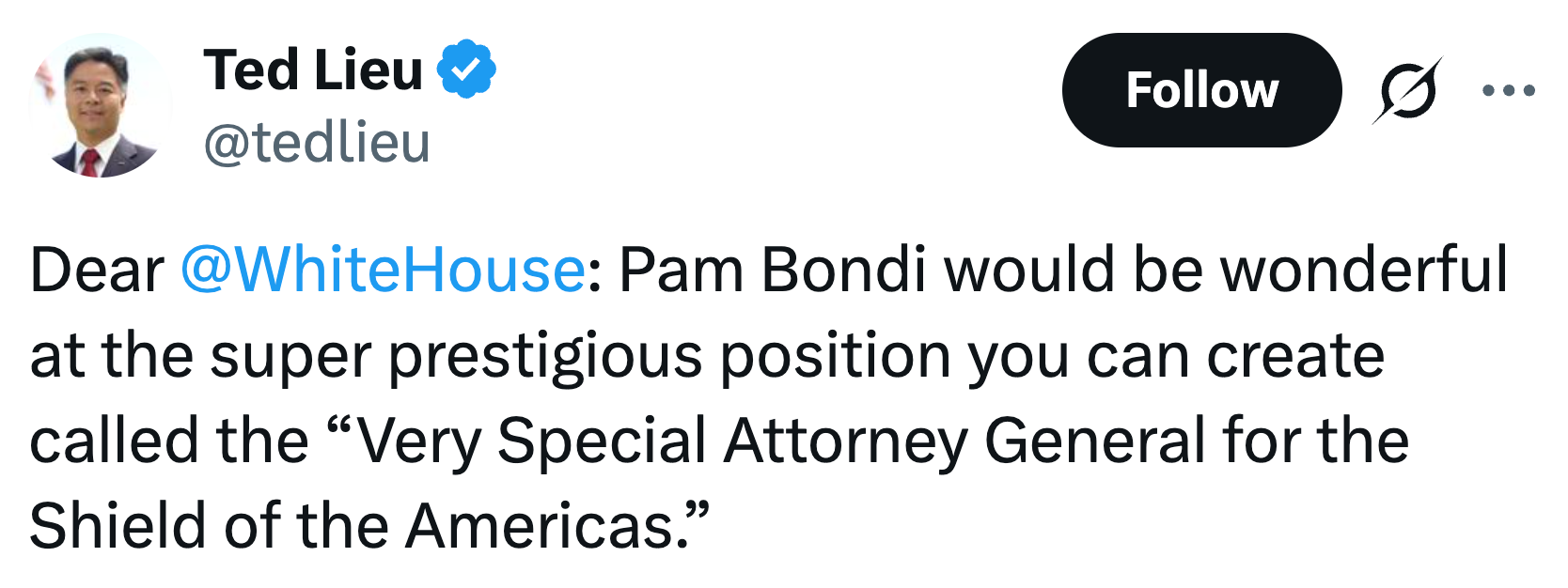 Tweet av Ted Lieu som foreslår Pam Bondi til en stilling kalt 